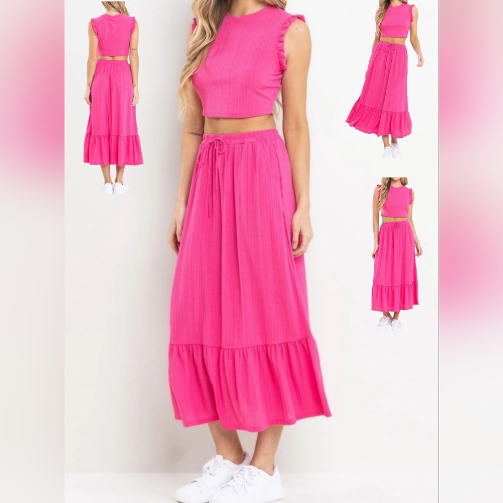 #308 🛑S,M,L  SOLID RIB RUFFLED SLEEVELESS TOP & SKIRT 2pc Set